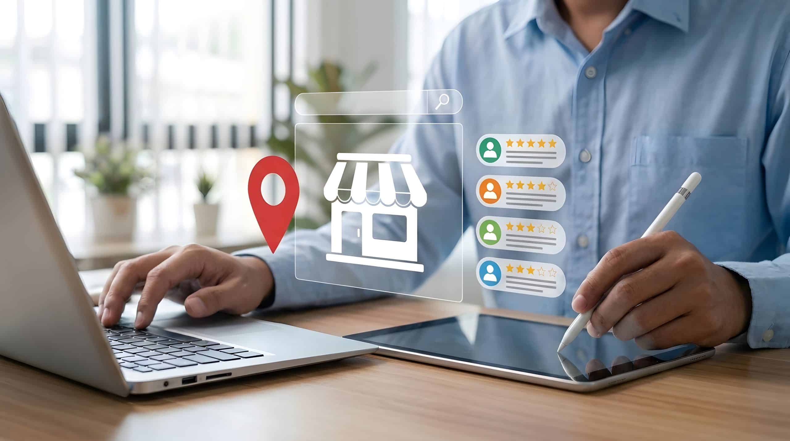 Un homme sur un ordinateur avec une projection hollographique d'une fiche Google My Business