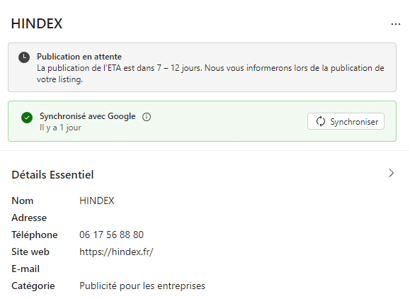 Une capture d'écran de l'interface Bing Place montrant le bouton de synchronisation avec la fiche Google My Business